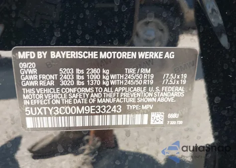 2021 BMW X3 Sdrive30I z USA, uszkodzony, nr VIN 5UXTY3C00M9E33243